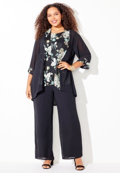 Lightweight Embroidered Sequin 3-Piece Pant Suit