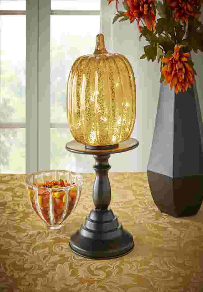 11"H x 6"Diam. Pre-Lit Mercury Glass Pumpkin on Metal Stand image number 1