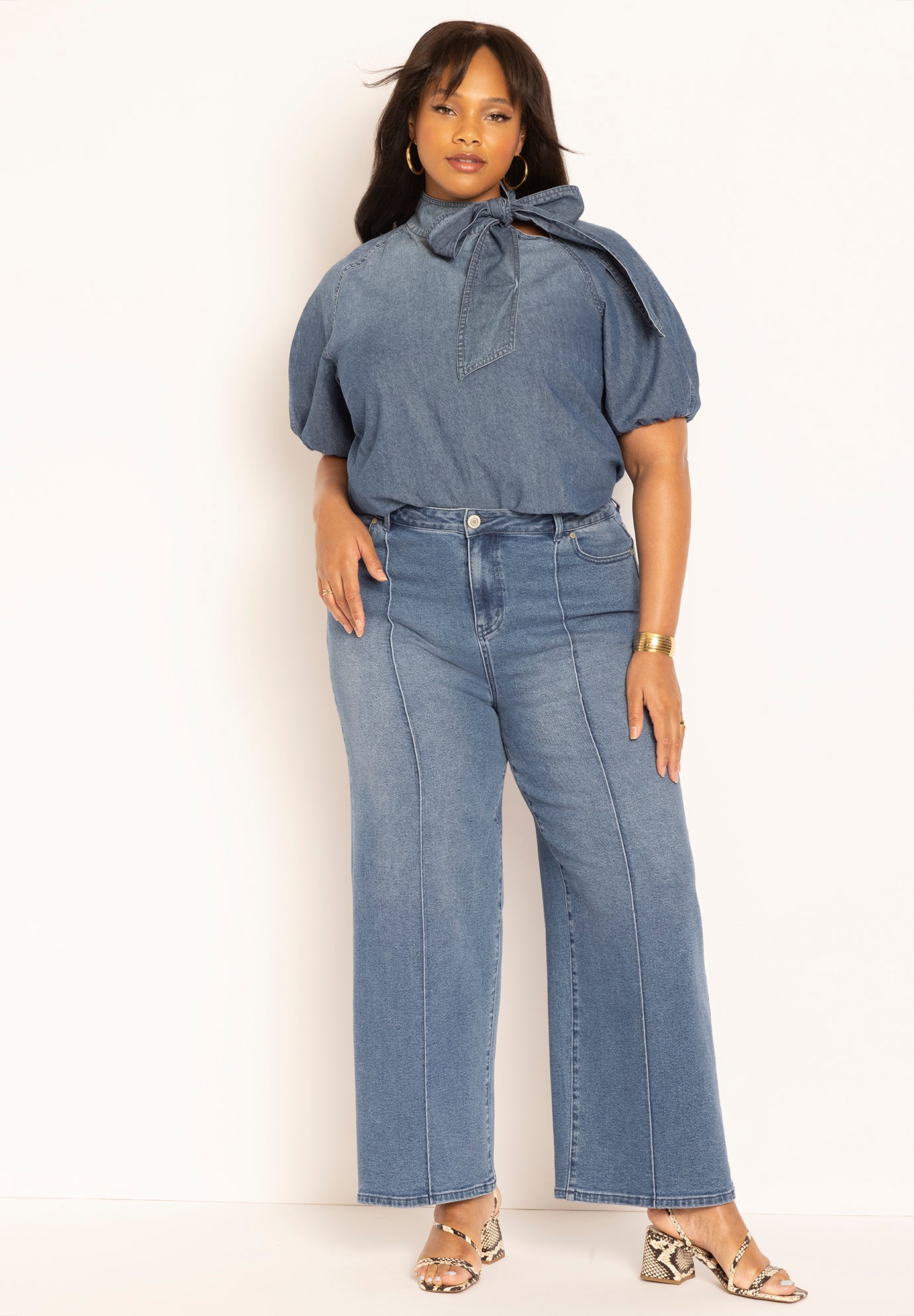 Puff Sleeve Chambray Tie Neck Top image number 2