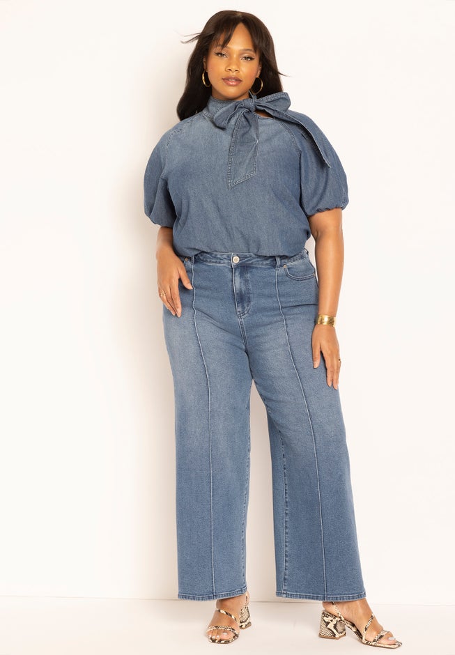 Puff Sleeve Chambray Tie Neck Top image number 2