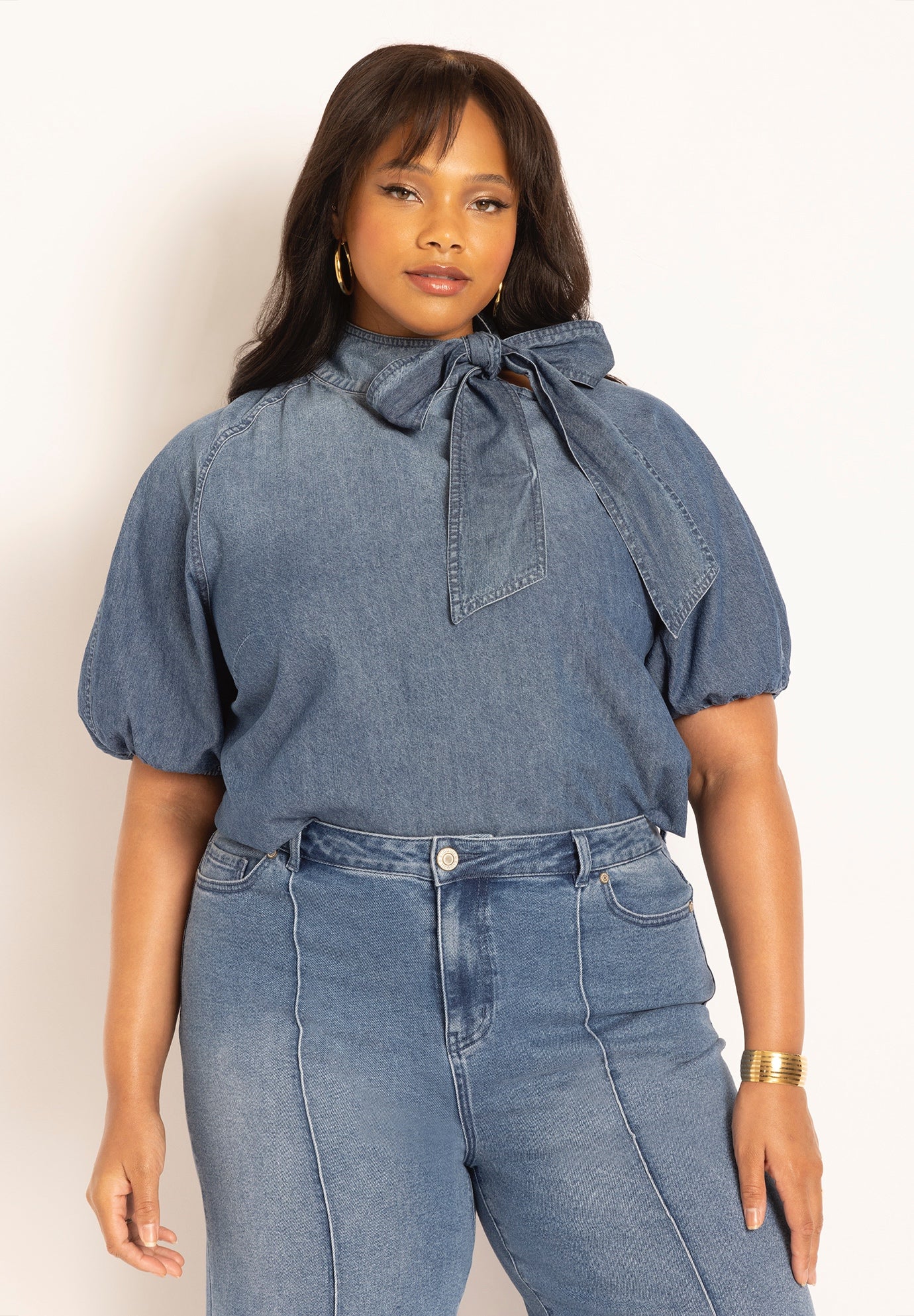 Puff Sleeve Chambray Tie Neck Top image number 0