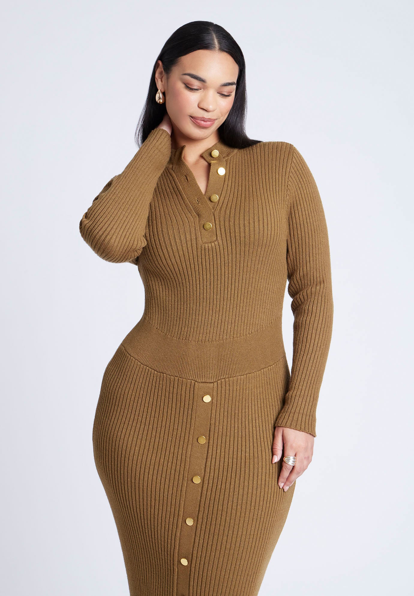 Mock Neck Rib Button Dress image number 2