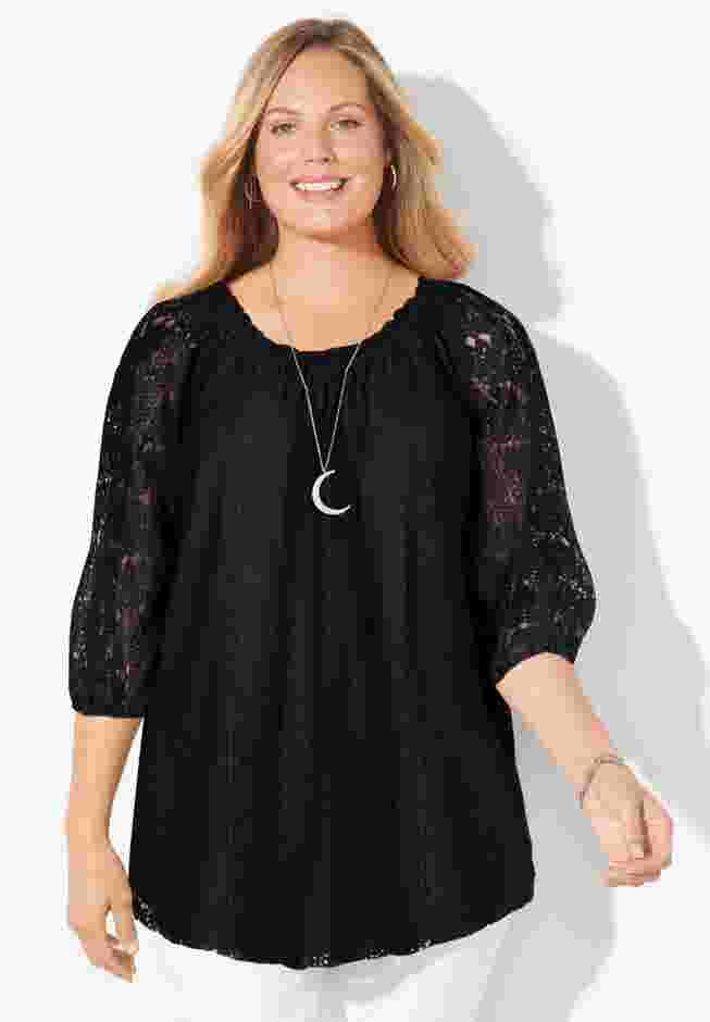 Stretch Lace Peasant Blouse image number 0