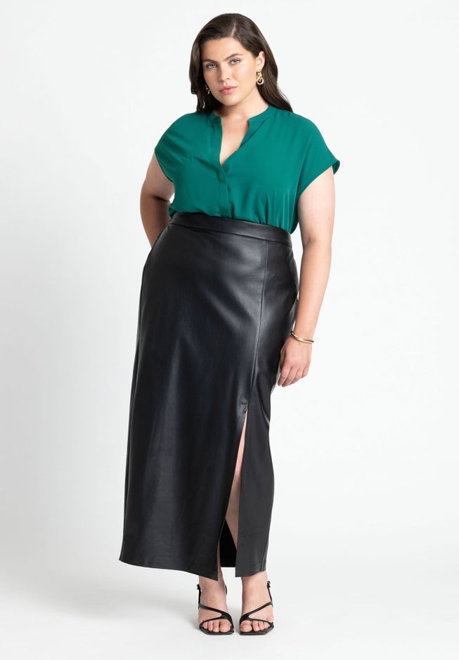Faux Leather Column Skirt With Slit image number 1