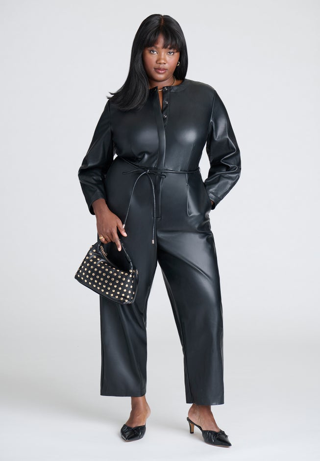 Faux Leather Jumpsuit With Tie image number 1