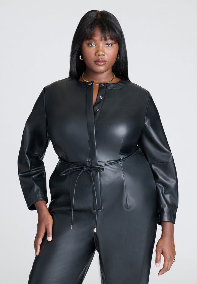 Faux Leather Jumpsuit With Tie image number 2