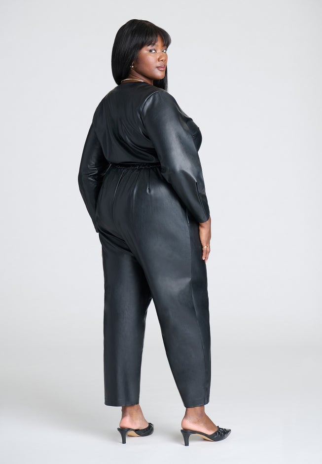Faux Leather Jumpsuit With Tie image number 3
