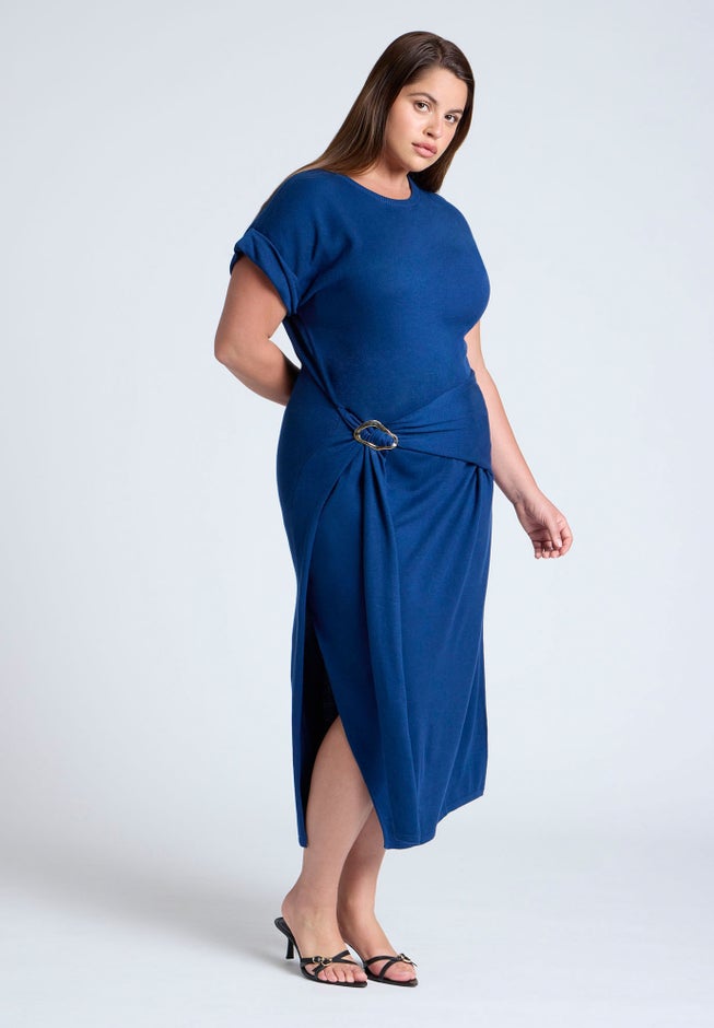 Rolled Sleeve Midi Dress With Buckle image number 0