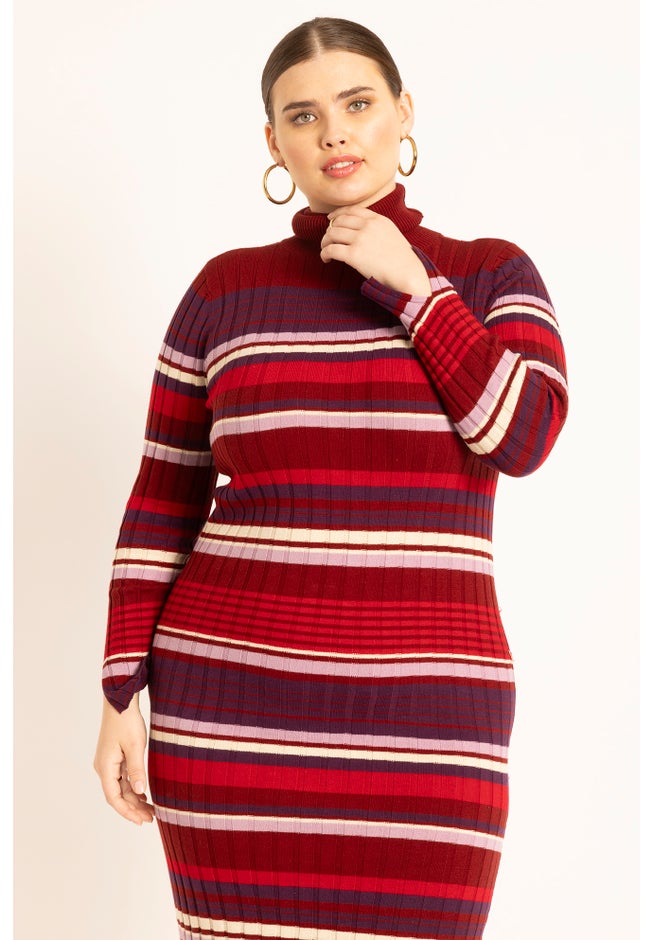 Striped Turtleneck Sweater Dress image number null