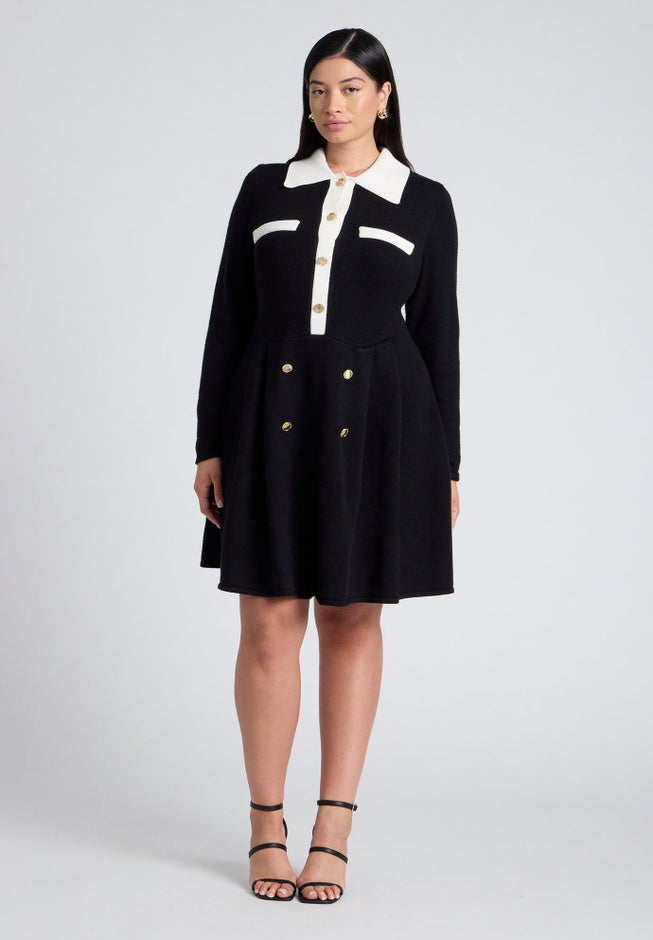 Collared Sweater Dress With Buttons image number null