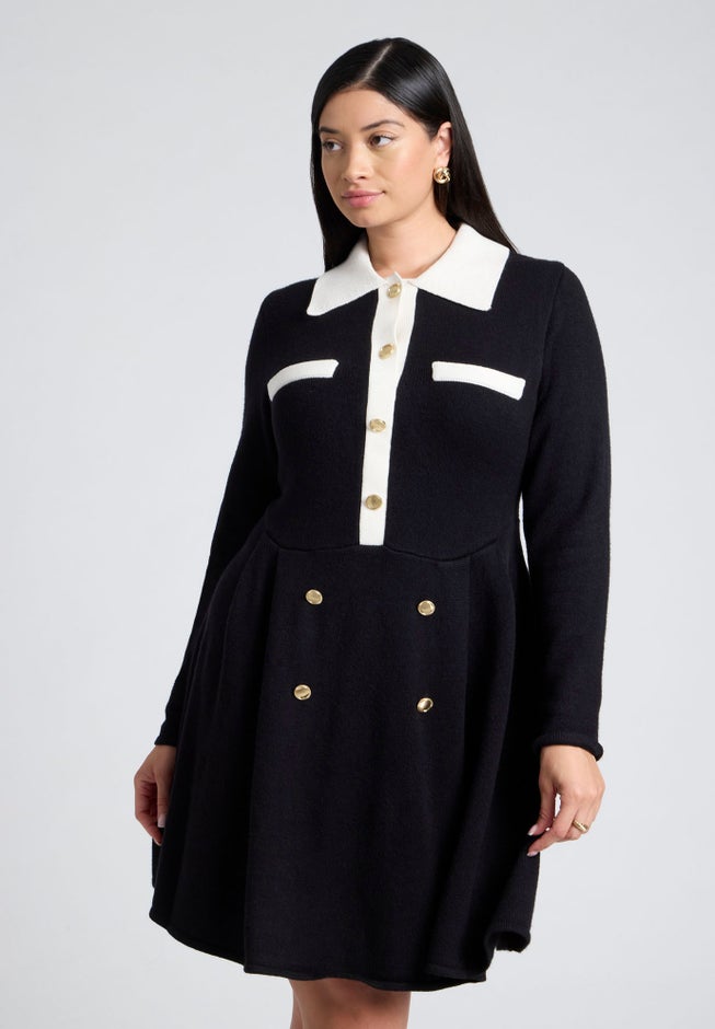 Collared Sweater Dress With Buttons image number null