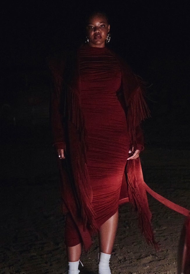 Barkwood x ELOQUII Fringe Coat With Belt image number 1