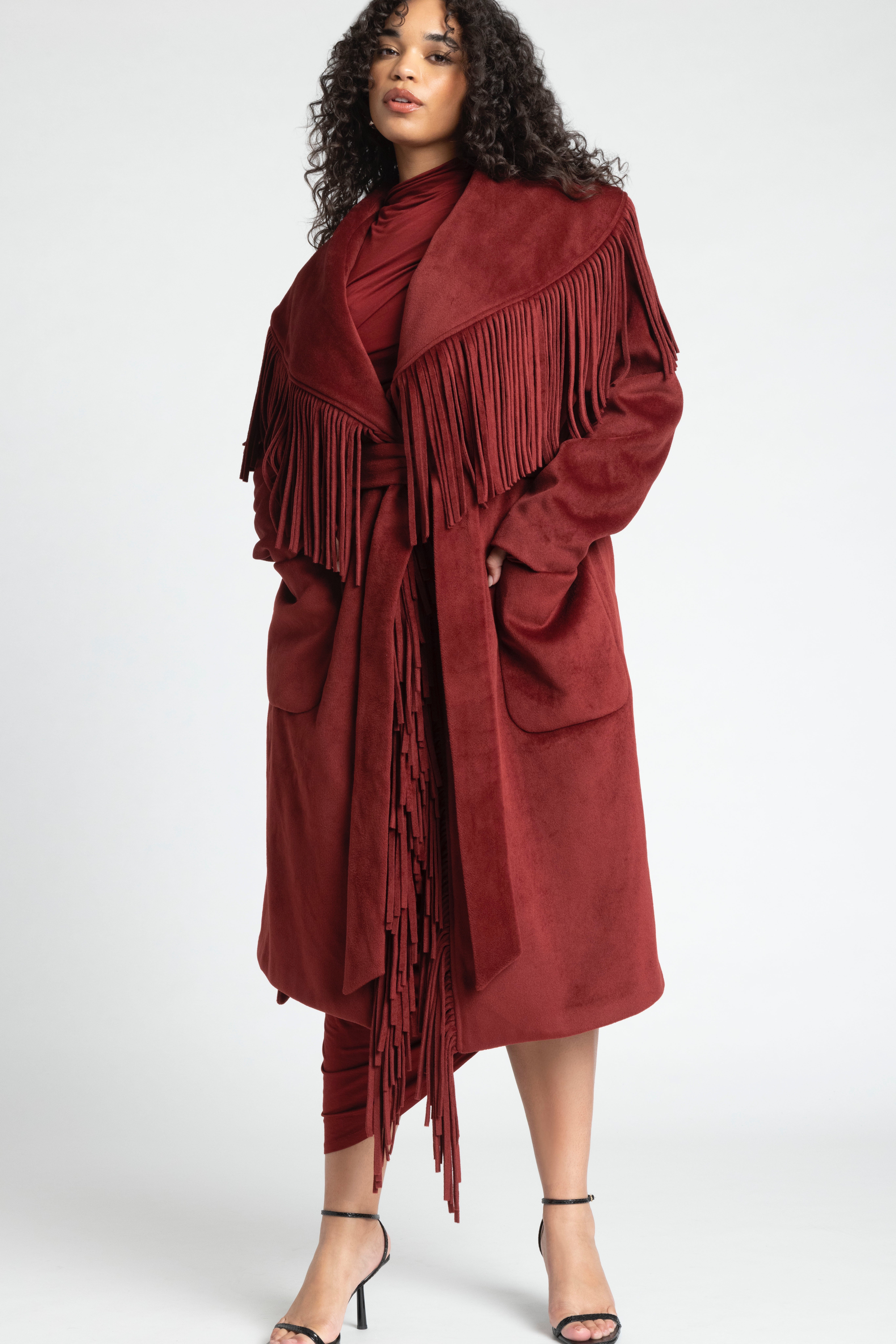 Barkwood x ELOQUII Fringe Coat With Belt image number 0