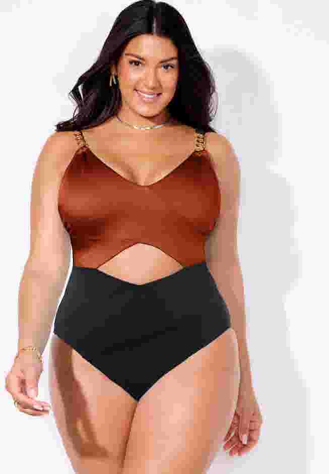 Shimmer Chain Accent Cut Out One Piece Swimsuit image number 3
