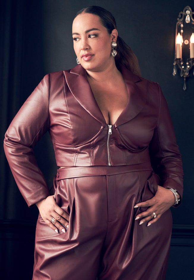 Cropped Bustier Faux Leather Blazer image number null