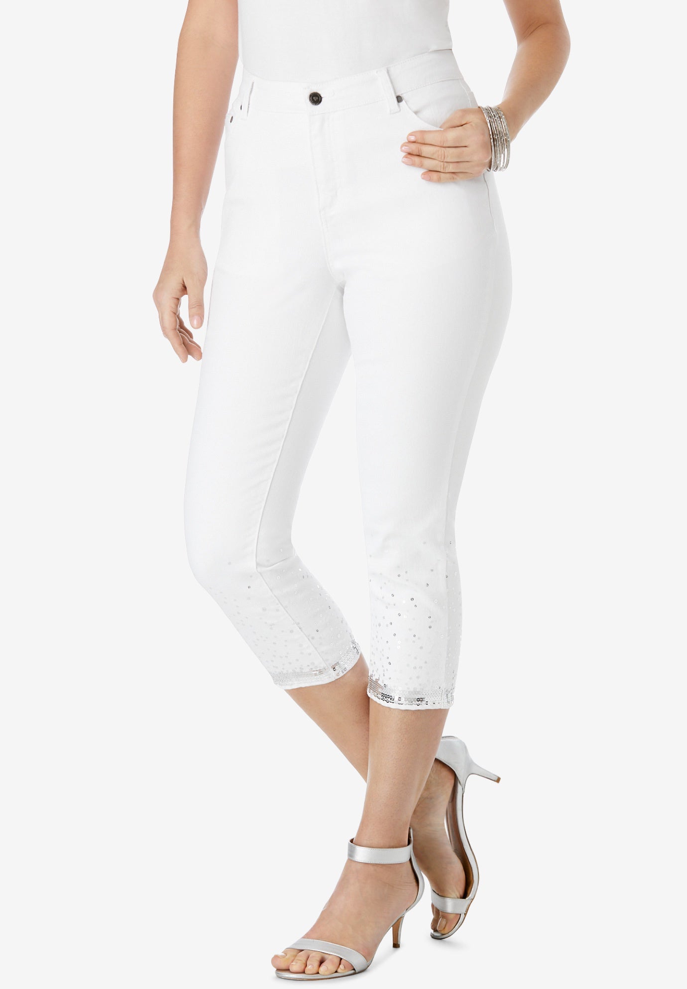 Plus Size Sequin Trim Straight Leg Capri Jean image number 0