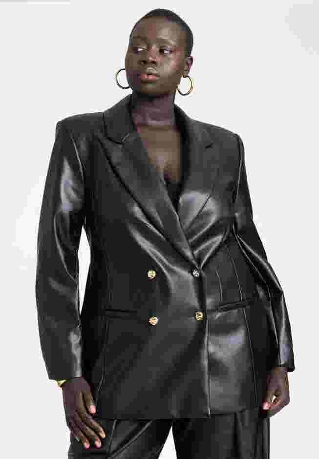Faux Leather Cinched Waist Double Breasted Blazer image number 1