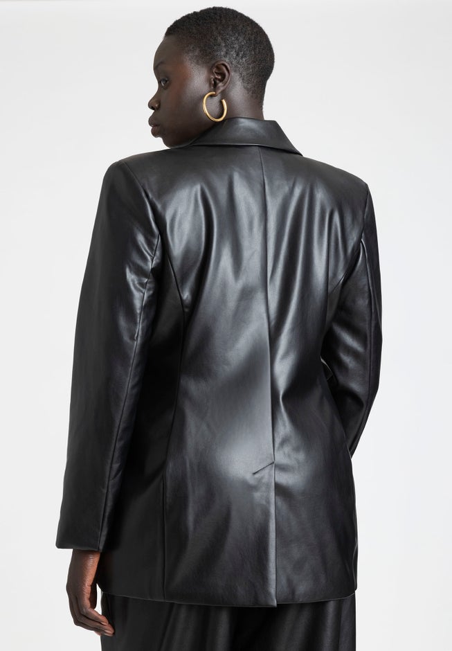 Faux Leather Cinched Waist Double Breasted Blazer image number null