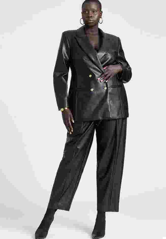 Faux Leather Cinched Waist Double Breasted Blazer image number 3