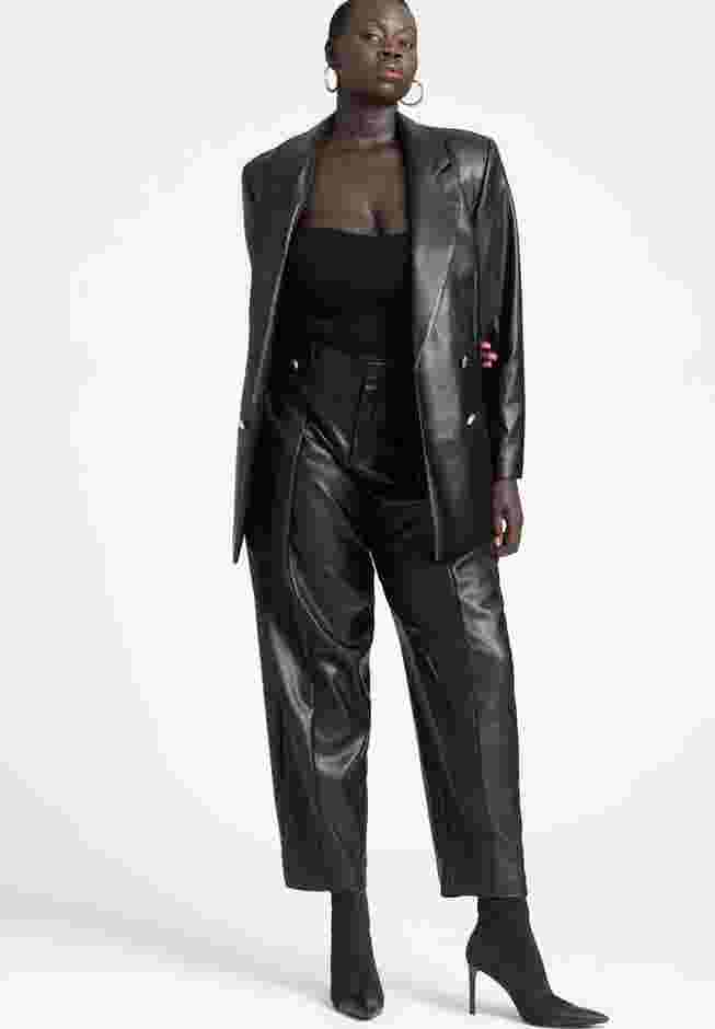 Faux Leather Cinched Waist Double Breasted Blazer image number 4