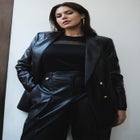 Faux Leather Cinched Waist Double Breasted Blazer image number null