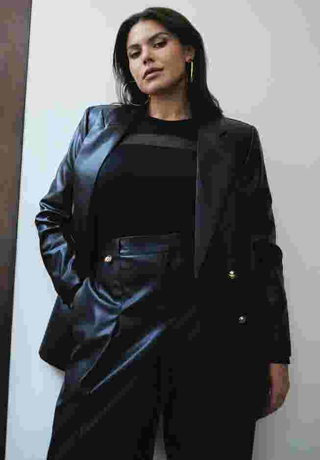 Faux Leather Cinched Waist Double Breasted Blazer image number 0