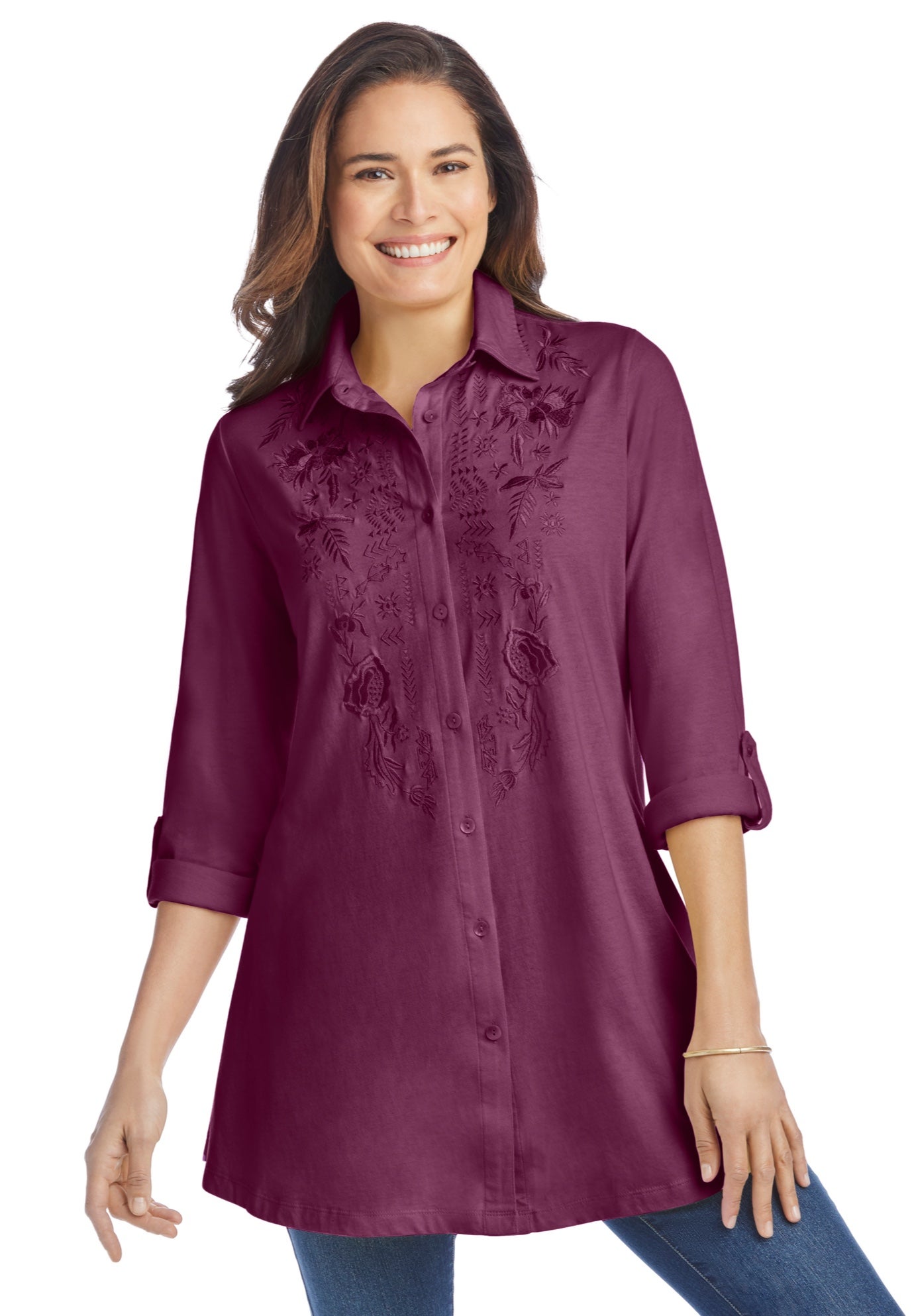 Button-Front Embroidered Tunic image number 0