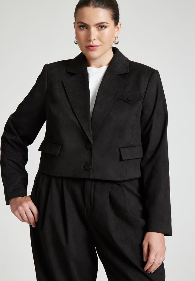 Barkwood x ELOQUII Faux Suede Crop Jacket With Pocket Details image number null