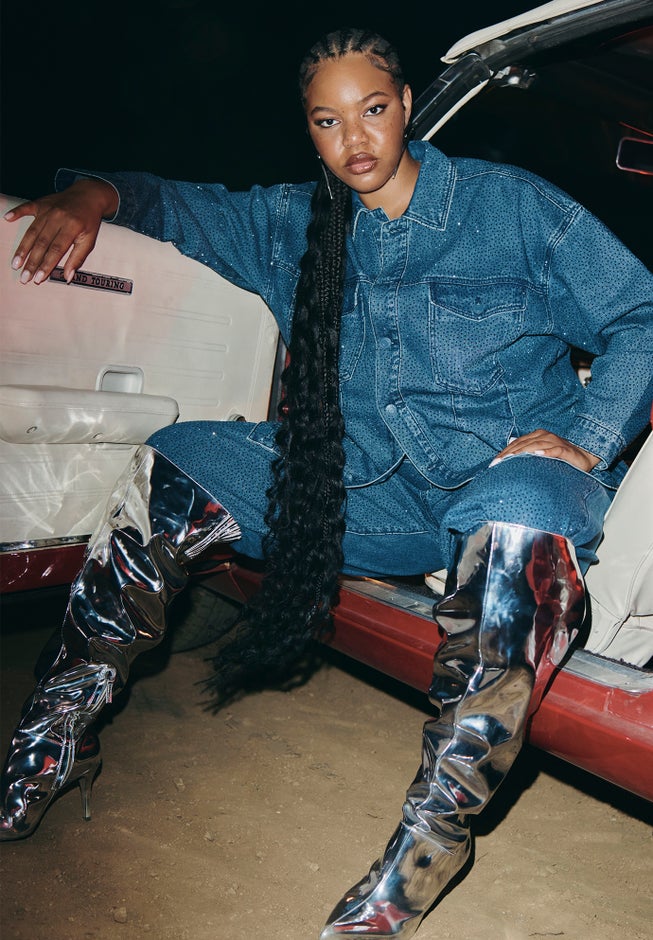 Barkwood x ELOQUII Oversized Embellished Denim Jacket image number null