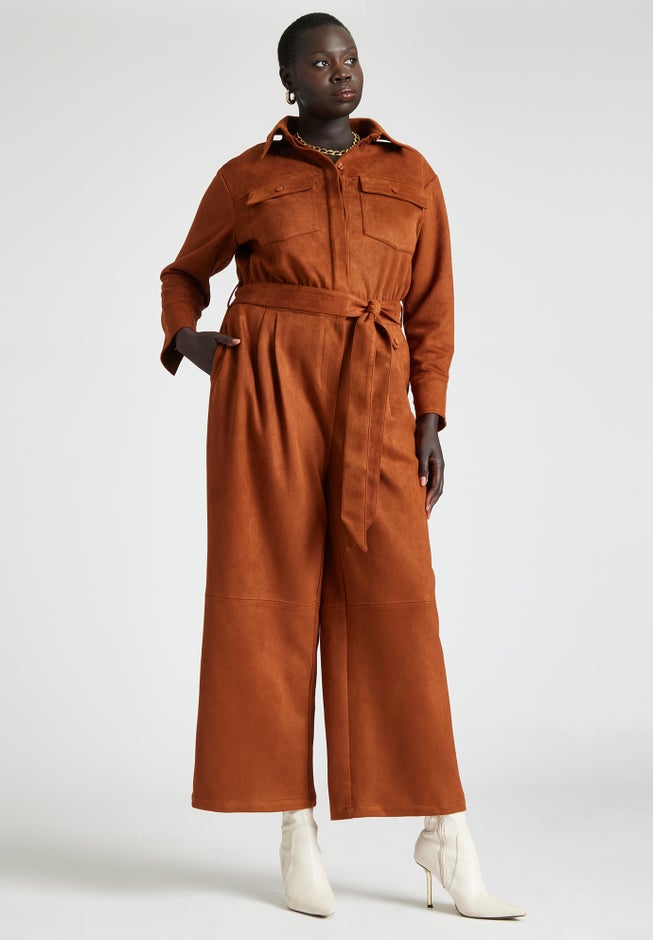 Barkwood x ELOQUII Faux Suede Jumpsuit With Belt image number 2