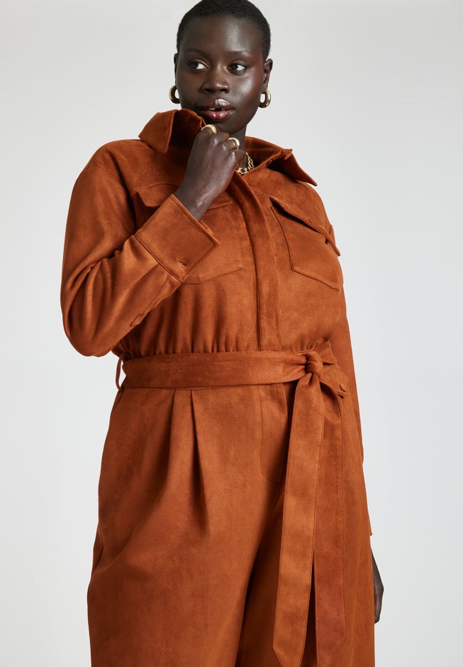 Barkwood x ELOQUII Faux Suede Jumpsuit With Belt image number 3