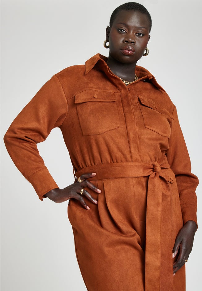 Barkwood x ELOQUII Faux Suede Jumpsuit With Belt image number 4