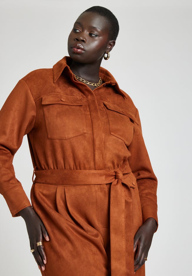 Barkwood x ELOQUII Faux Suede Jumpsuit With Belt image number 5