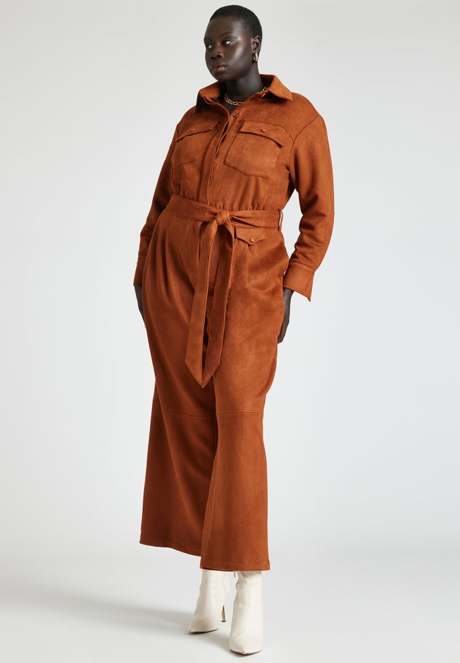 Barkwood x ELOQUII Faux Suede Jumpsuit With Belt image number 0