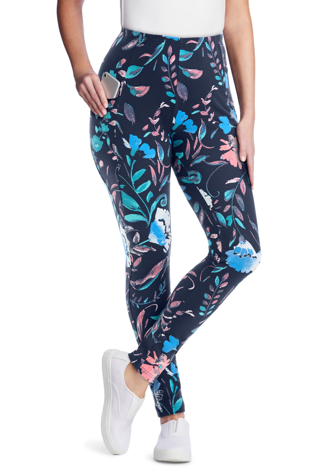 Stretch-Cotton Knit Pull-On Printed Pocket Leggings image number 0