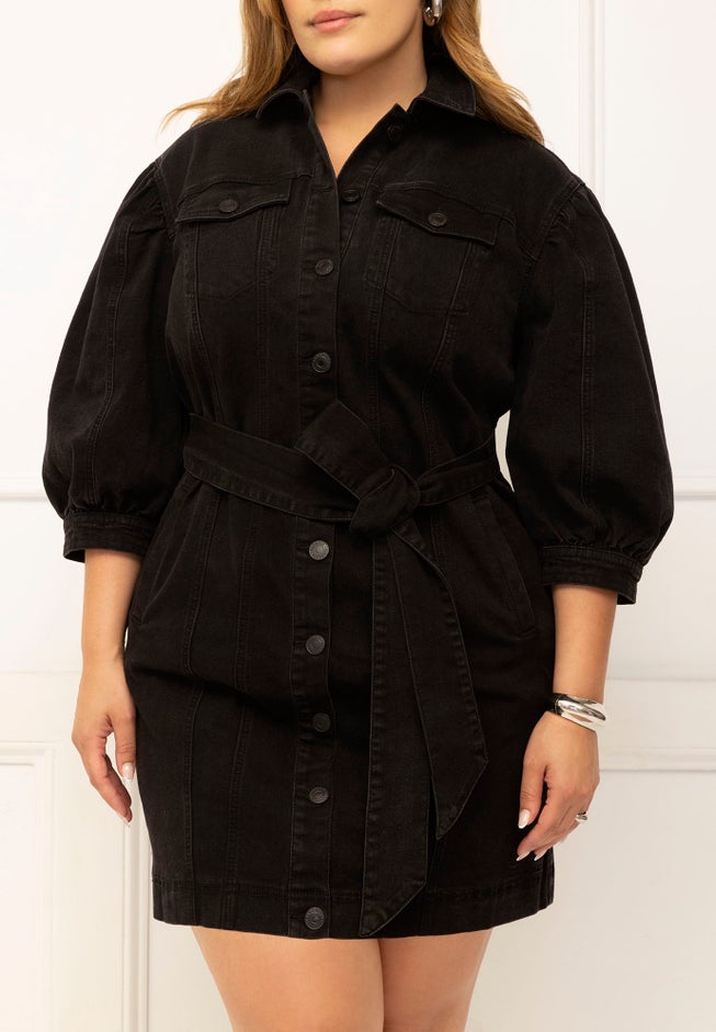 ELOQUII Elements Puff Sleeve Denim Jacket Dress image number null