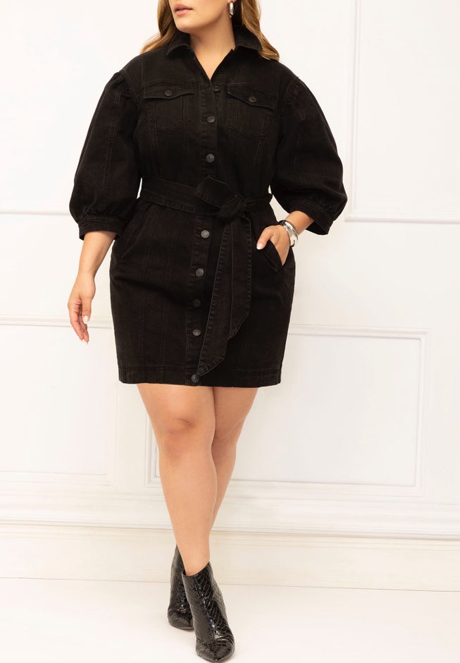 ELOQUII Elements Puff Sleeve Denim Jacket Dress image number null