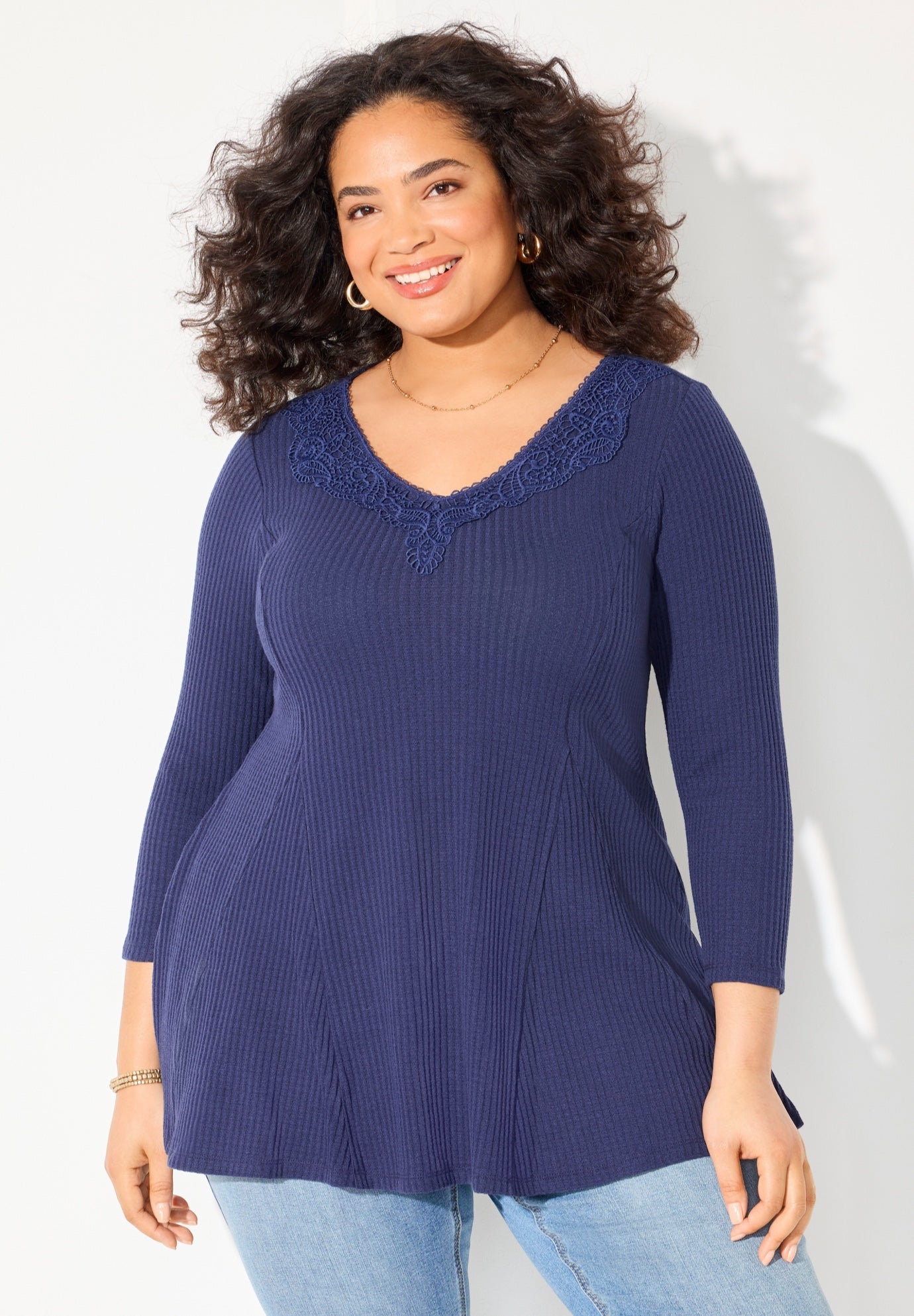 Waffle Knit Lace Trim Tunic image number 0