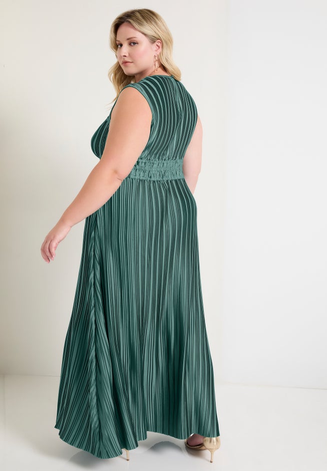 Boatneck Plisse Cap-Sleeve Maxi Dress image number 1