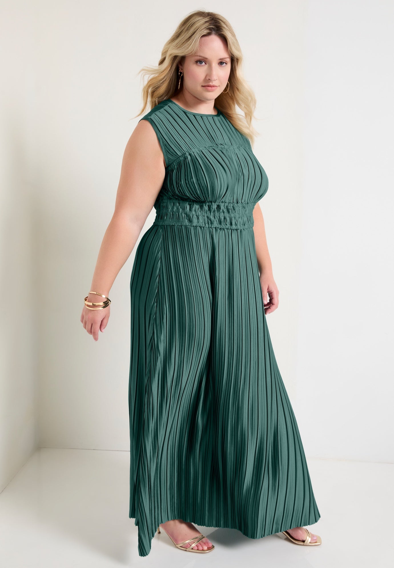 Boatneck Plisse Cap-Sleeve Maxi Dress image number 2