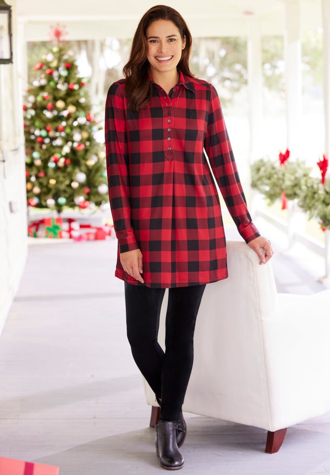 Plaid Knit Tunic With Collar image number 1