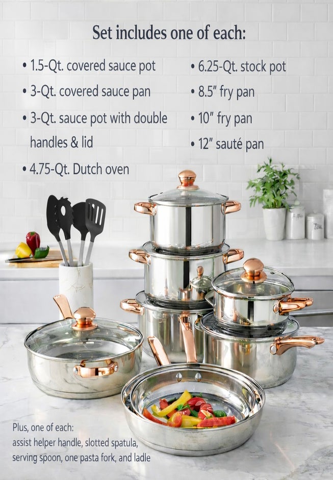 18-Piece Copper Accent Stainless Steel Cookware Set image number 4