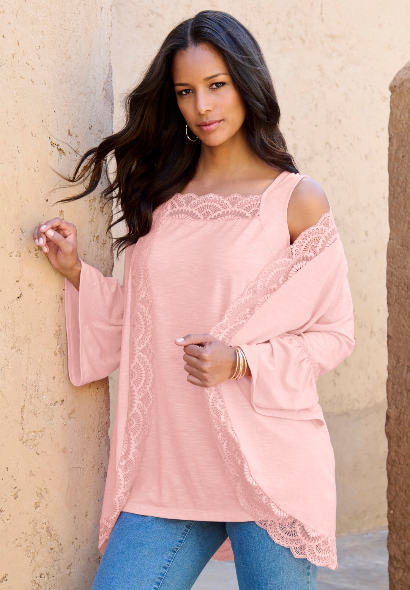 Lace-Detailed Cardigan and Tank Set image number 2