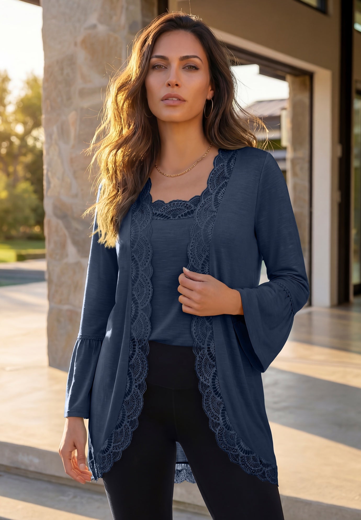 Lace-Detailed Cardigan and Tank Set image number 0