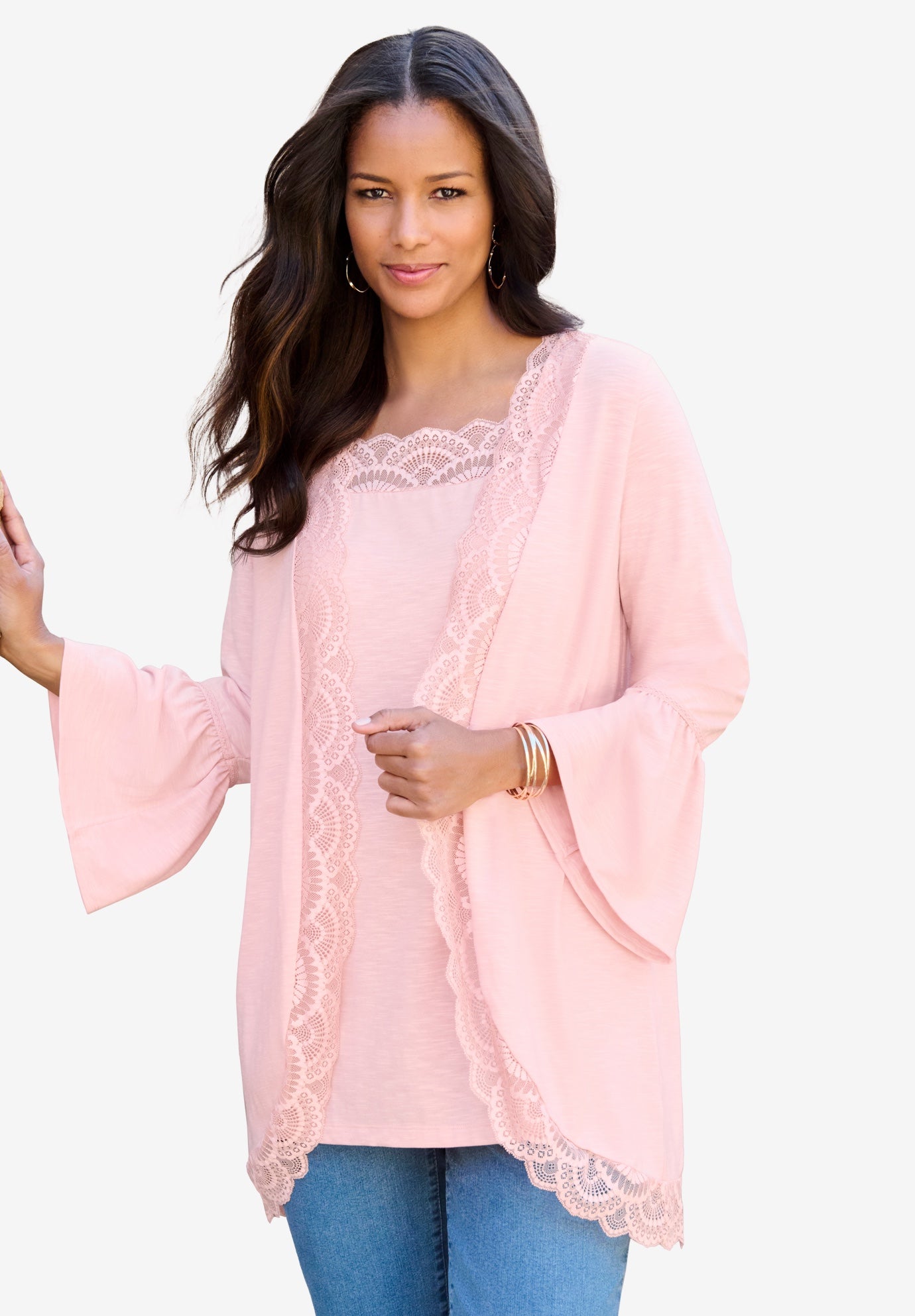 Lace-Detailed Cardigan and Tank Set image number 1