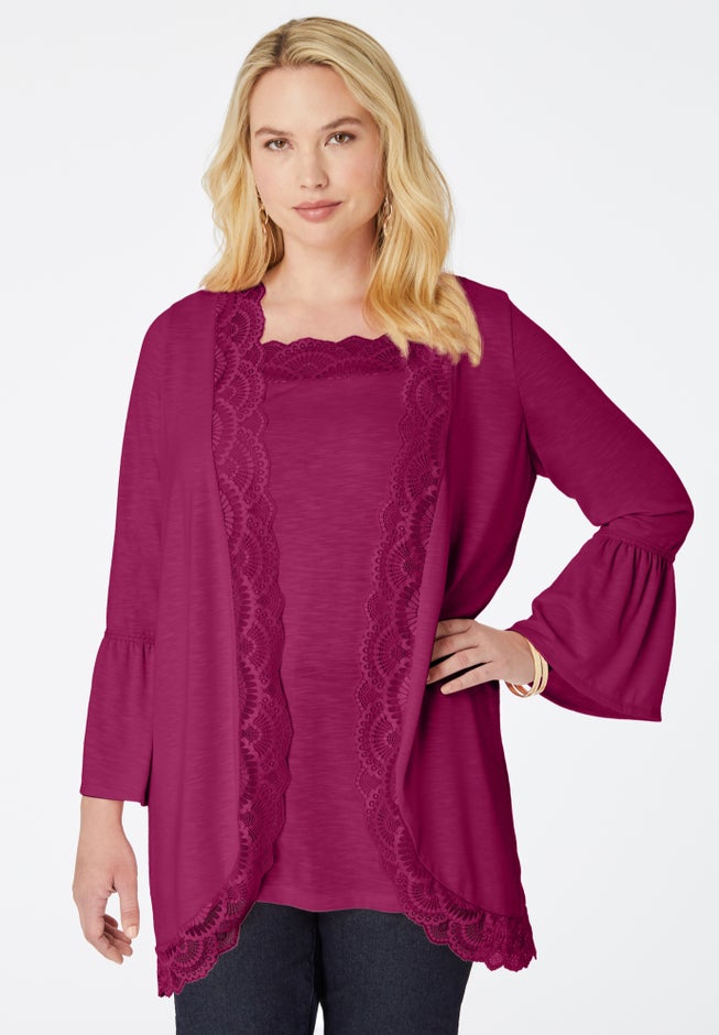 Lace-Detailed Cardigan and Tank Set image number 1