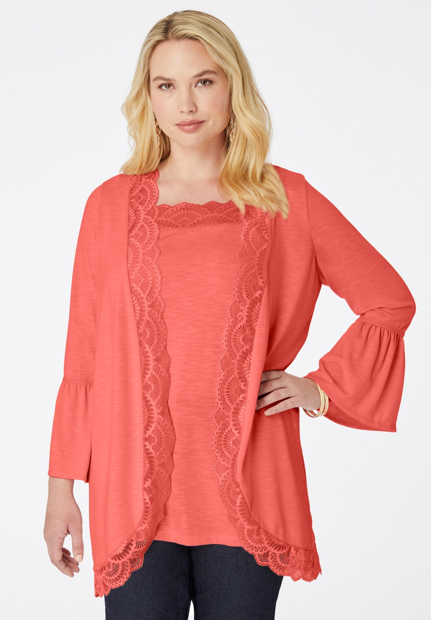 Lace-Detailed Cardigan and Tank Set image number 1
