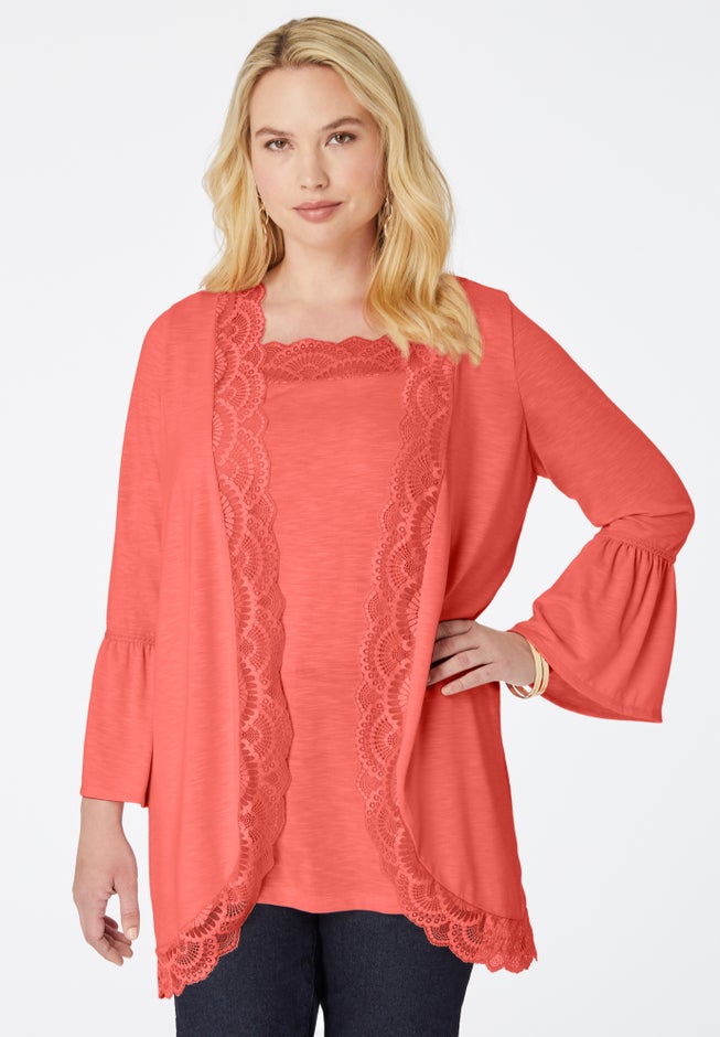 Lace-Detailed Cardigan and Tank Set image number 1