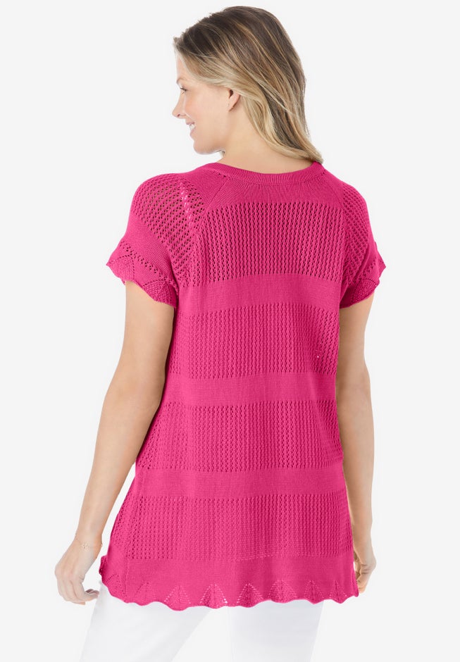 Tie-Neck Pointelle Cardigan Sweater image number 1