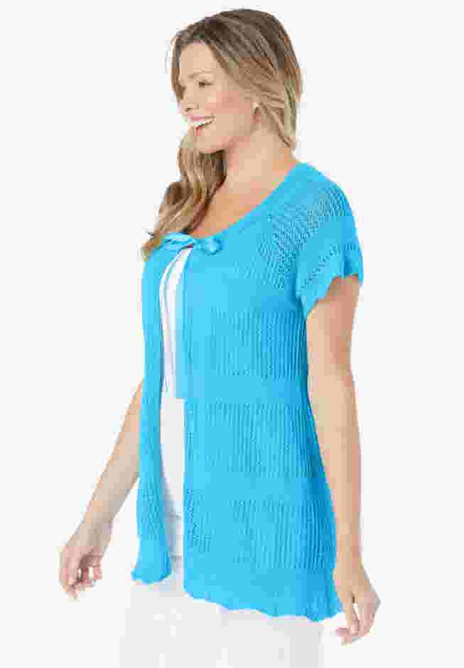 Tie-Neck Pointelle Cardigan Sweater image number 2